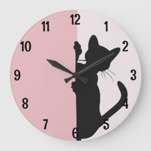 Modern Minimalistic Peeking Kitty Cat - Pink Large Clock