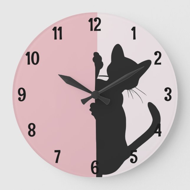 Modern Minimalistic Peeking Kitty Cat - Pink Large Clock (Front)