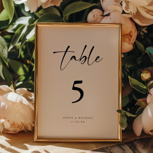 Modern Minimalistic Script Beige Wedding Table Number (Creator Uploaded)