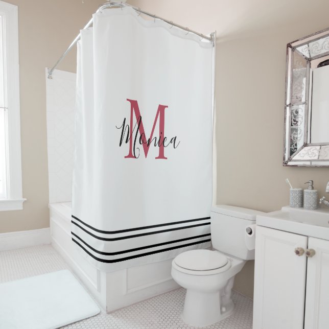 Modern minimalistic white &black maroon monogram  shower curtain (In Situ)