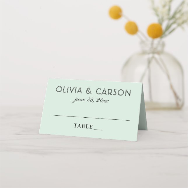 Modern Mint and Black Script Monogram Wedding Place Card (Front)