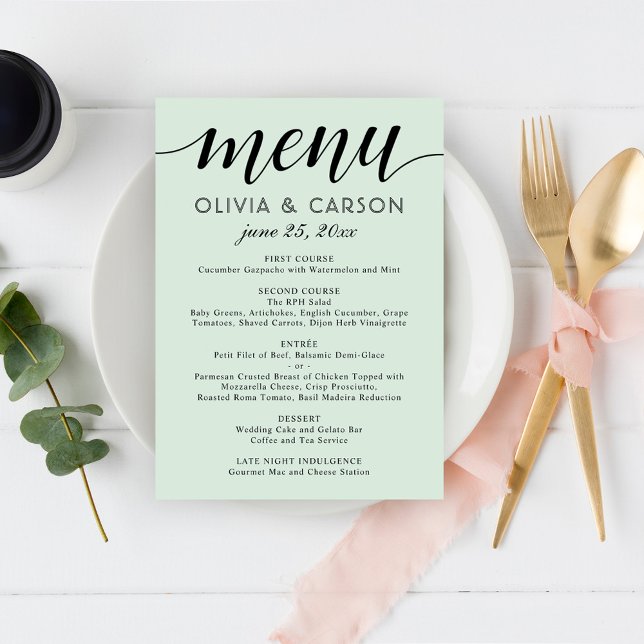Modern Mint and Black Script Wedding Menu (Creator Uploaded)