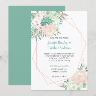 Modern Mint and Blush Watercolor Flowers Wedding Invitation