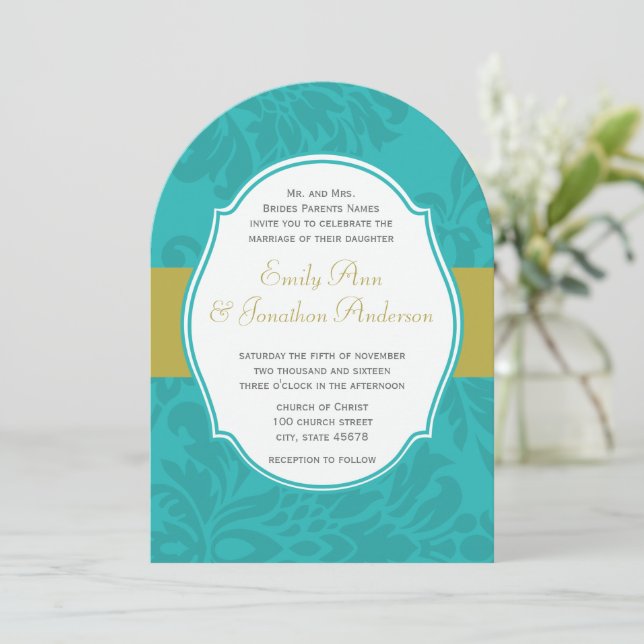 Modern Mint and Chartreuse Damask Wedding Invite (Standing Front)
