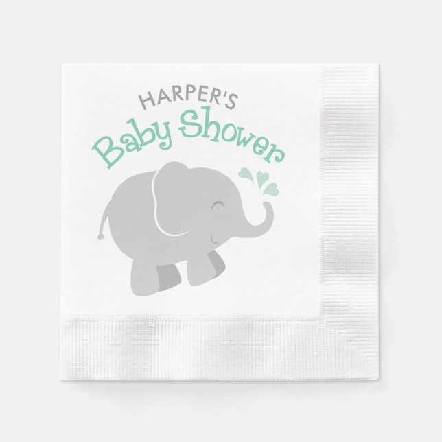 Modern Mint and Grey Elephant Baby Shower Napkin (Front)