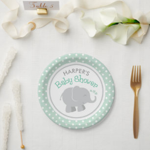 Modern Mint and Grey Elephant Baby Shower Paper Plate