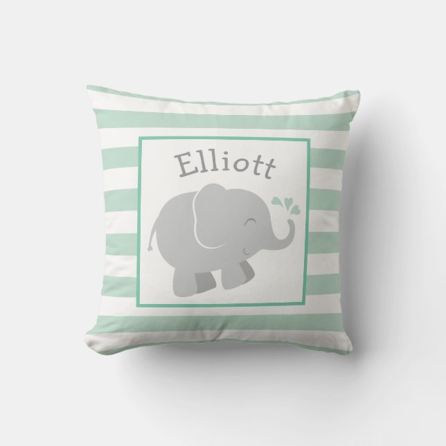 Modern Mint and Grey Elephant Custom Monogram Cushion (Front)