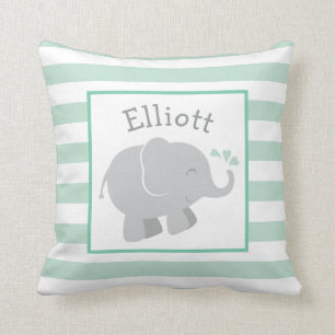 Modern Mint and Grey Elephant Custom Monogram Cushion