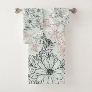 Modern Mint Black Rose Gold Floral Marble Bath Towel Set