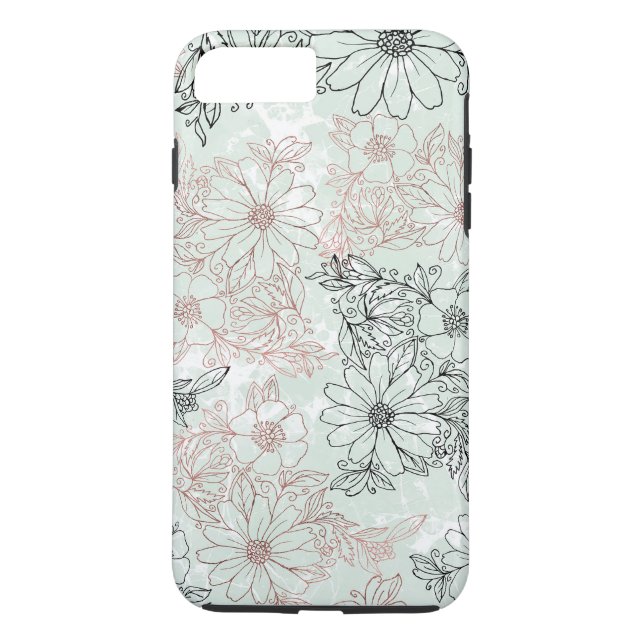 Modern Mint Black Rose Gold Floral Marble Case-Mate iPhone Case (Back)