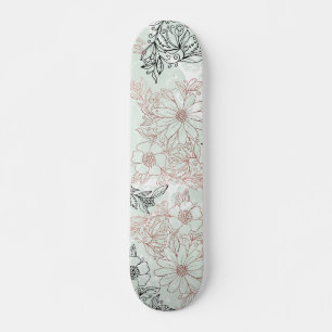 Modern Mint Black Rose Gold Floral Marble Skateboard