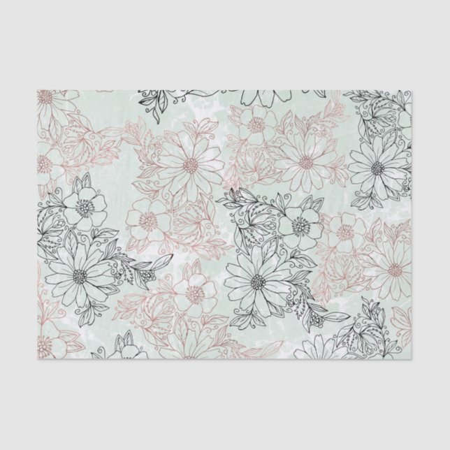 Modern Mint Black Rose Gold Floral Marble Tissue Paper (Front)