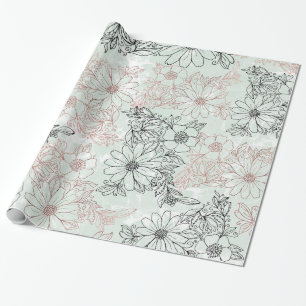 Modern Mint Black Rose Gold Floral Marble Wrapping Paper