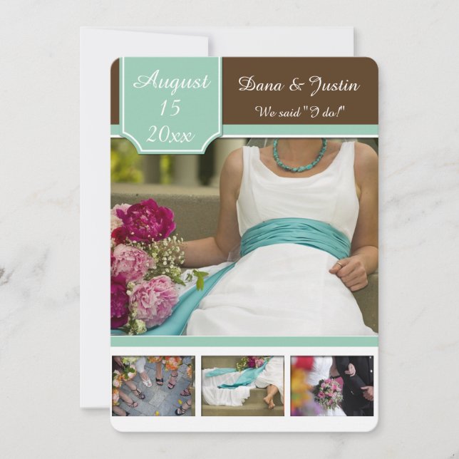 Modern Mint Brown Photo Collage Post Wedding Invitation (Front)