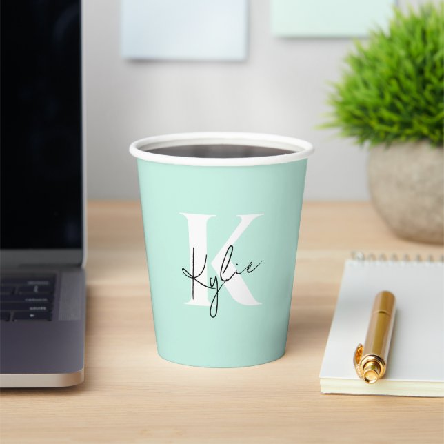 Modern Mint Cream Personalised Monogram Name -  Paper Cups (Insitu)