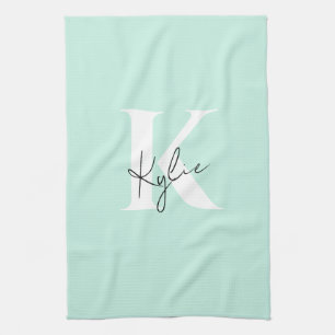 Modern Mint Cream Personalised Monogram Name -  Tea Towel