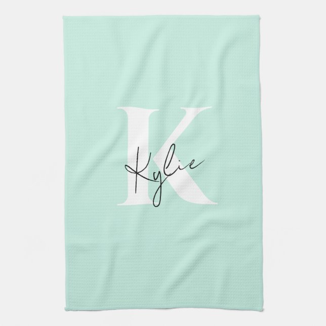 Modern Mint Cream Personalised Monogram Name -  Tea Towel (Vertical)