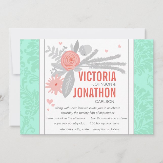 Modern Mint  Damask Wedding Invite (Front)