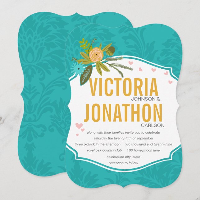 Modern Mint Damask Wedding Invite (Front/Back)