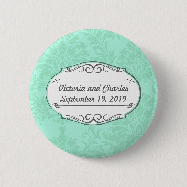 Modern Mint  Damask Wedding Invite 6 Cm Round Badge (Front)