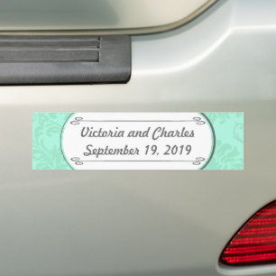 Modern Mint Damask Wedding Invite Bumper Sticker