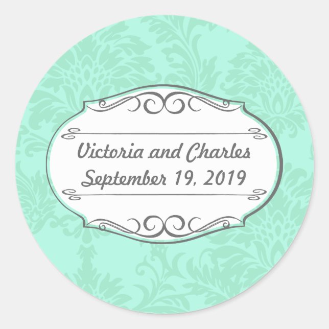 Modern Mint  Damask Wedding Invite Classic Round Sticker (Front)