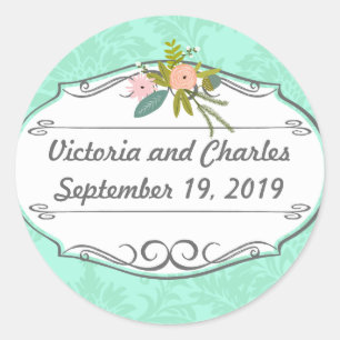 Modern Mint  Damask Wedding Invite Classic Round Sticker