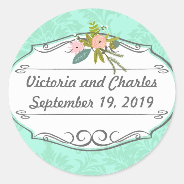 Modern Mint  Damask Wedding Invite Classic Round Sticker (Front)