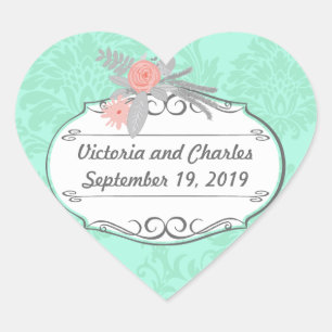 Modern Mint  Damask Wedding Invite Heart Sticker