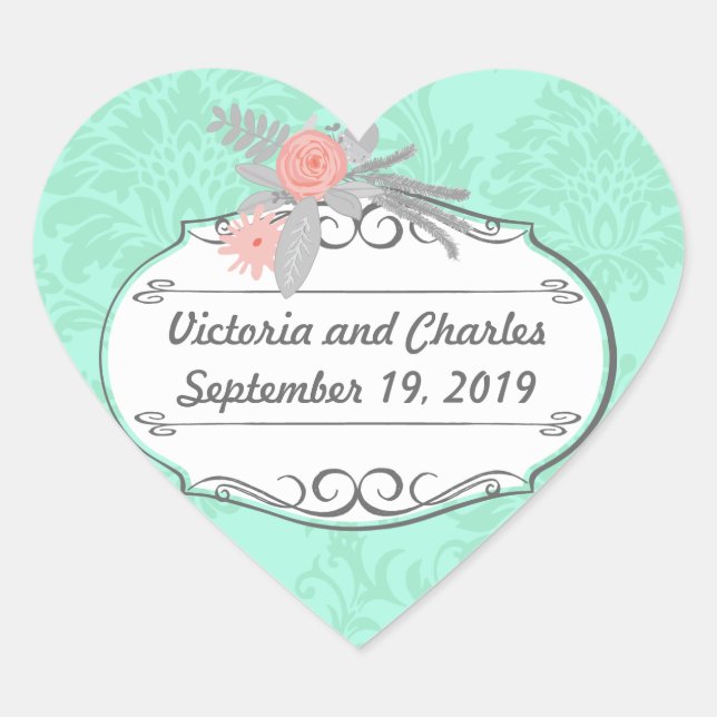 Modern Mint  Damask Wedding Invite Heart Sticker (Front)