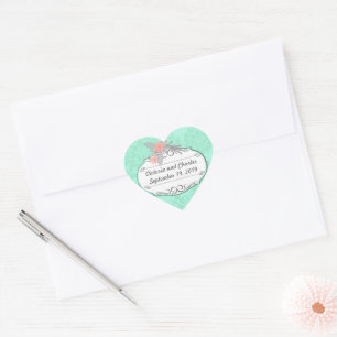Modern Mint  Damask Wedding Invite Heart Sticker