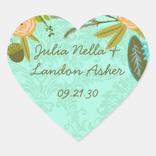 Modern Mint  Damask Wedding Invite Heart Sticker