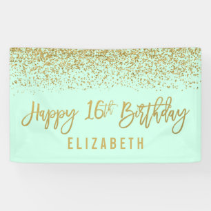 Modern Mint Faux Gold Glitter 16th Birthday Banner