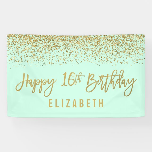 Modern Mint Faux Gold Glitter 16th Birthday Banner (Horizontal)