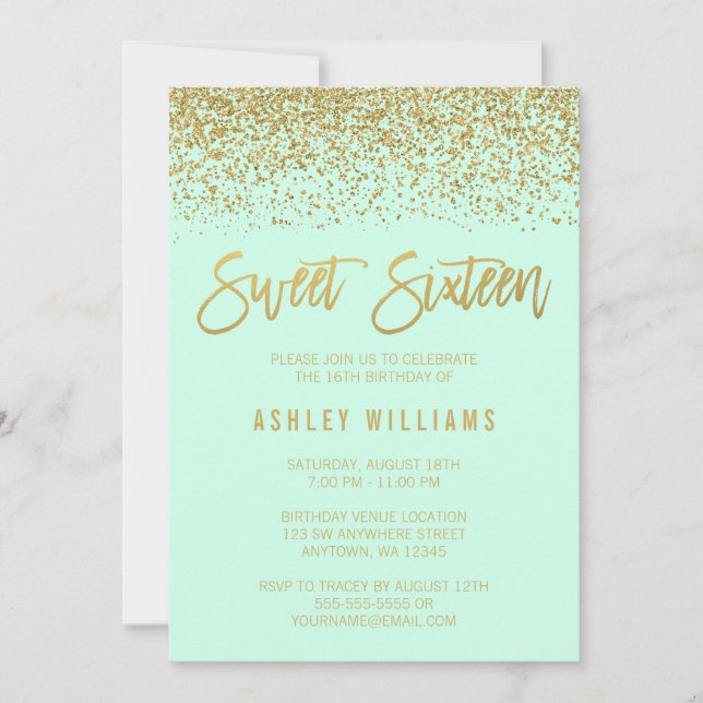 Modern Mint Faux Gold Glitter Sweet 16 Birthday Invitation (Front)