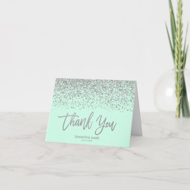 Modern Mint Faux Silver Glitter Thank You (Front)