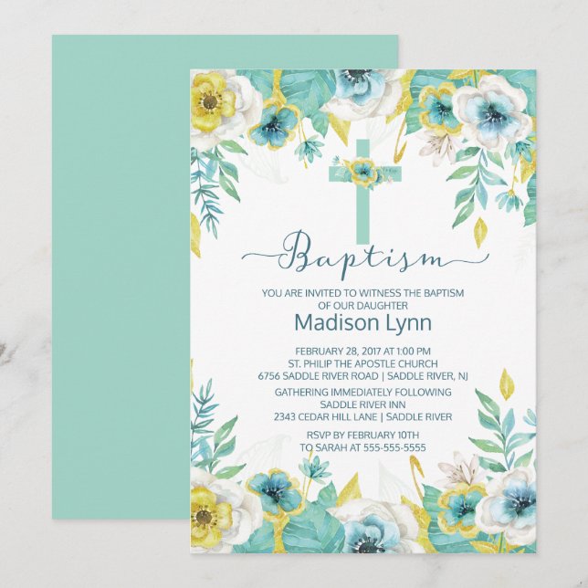 Modern Mint Floral Baptism Christening Invitation (Front/Back)