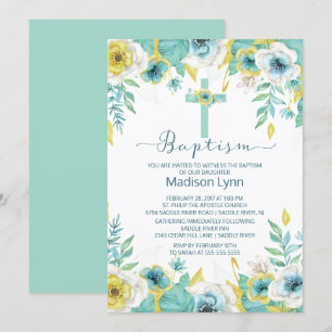 Modern Mint Floral Baptism Christening Invitation
