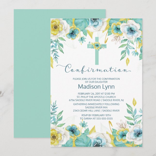 Modern Mint Floral Cross Confirmation Invitation (Front/Back)