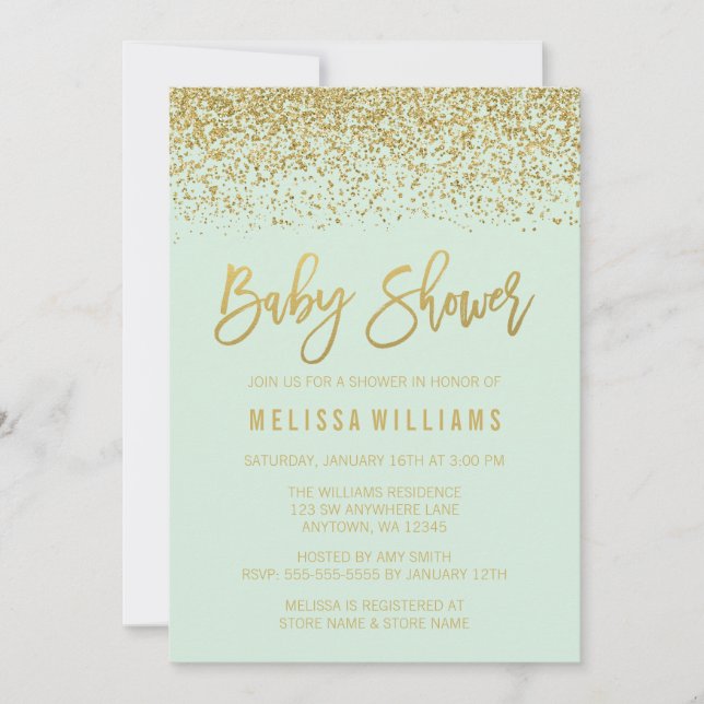 Modern Mint Gold Faux Glitter Baby Shower Invitation (Front)