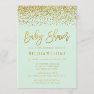 Modern Mint Gold Faux Glitter Baby Shower Invitation