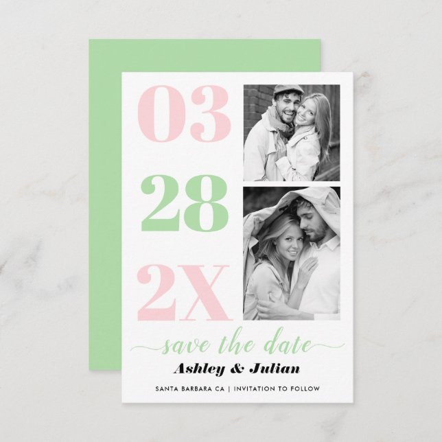 Modern mint green and blush pink typography photo save the date (Front/Back)
