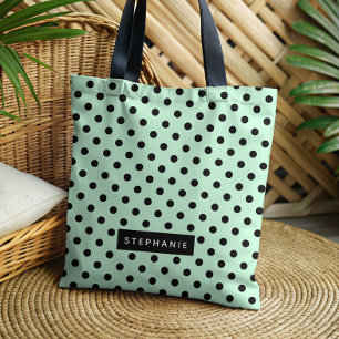 Modern Mint Green Black Polka Dot Personalised Tote Bag