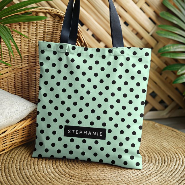 Modern Mint Green Black Polka Dot Personalised Tote Bag (Creator Uploaded)