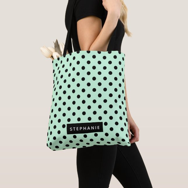 Modern Mint Green Black Polka Dot Personalised Tote Bag (Close Up)