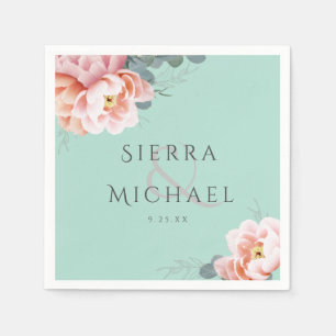 Modern Mint Green Blush Pink Floral Wedding Napkin