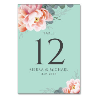 Modern Mint Green Blush Pink Floral Wedding Table Number