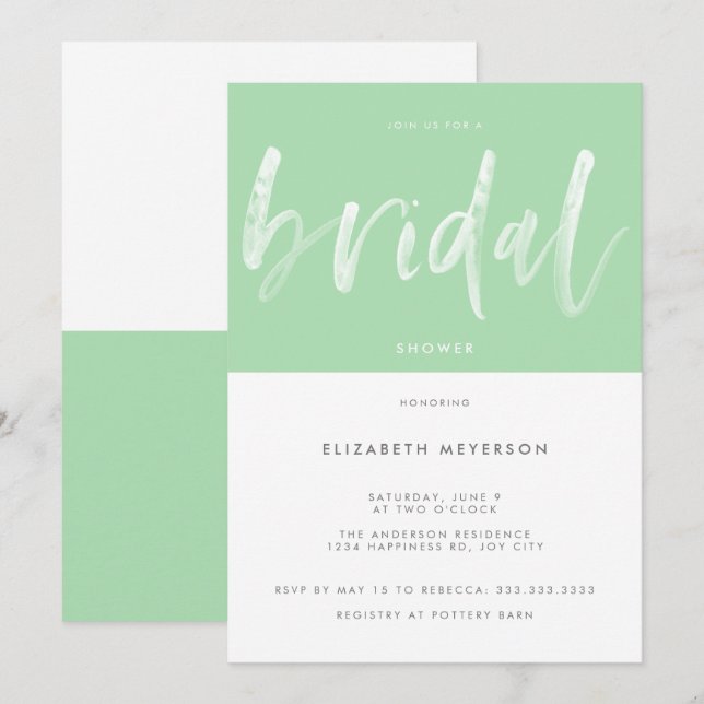 Modern Mint Green Brush Calligraphy Bridal Shower Invitation (Front/Back)