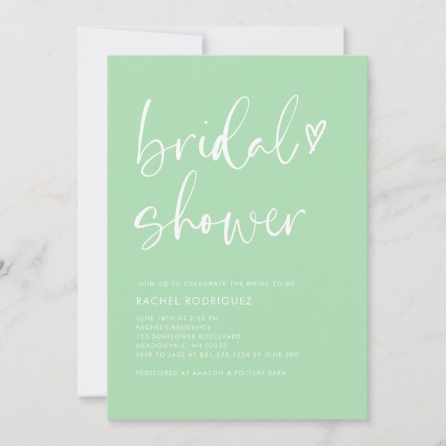 Modern Mint Green Calligraphy Heart Bridal Shower  Invitation (Front)
