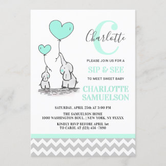 Modern Mint Green Elephant SIP & SEE Baby Girl Invitation